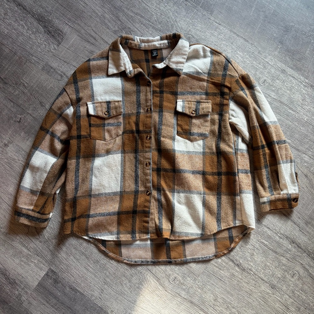 SHEIN Tan and Black Plaid Shirt